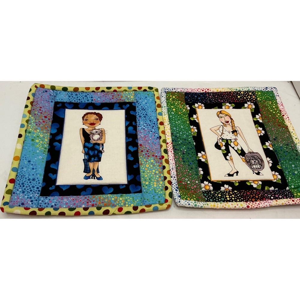 Vintage Quilted Pot Holders Cat Lady Illustrations Set of 2 Multicolor
